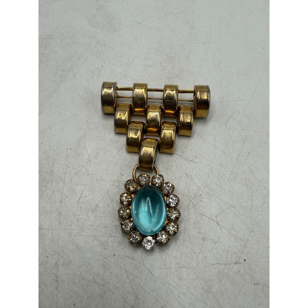 Vintage Gold Tone Aqua Blue Glass Cabochon Rhinestone Halo Dangle Brooch Pin